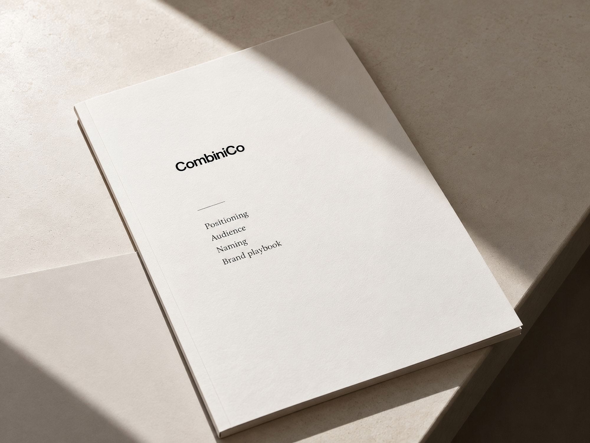A printed CombiniCo strategy booklet listing positioning, audience, naming and brand playbook