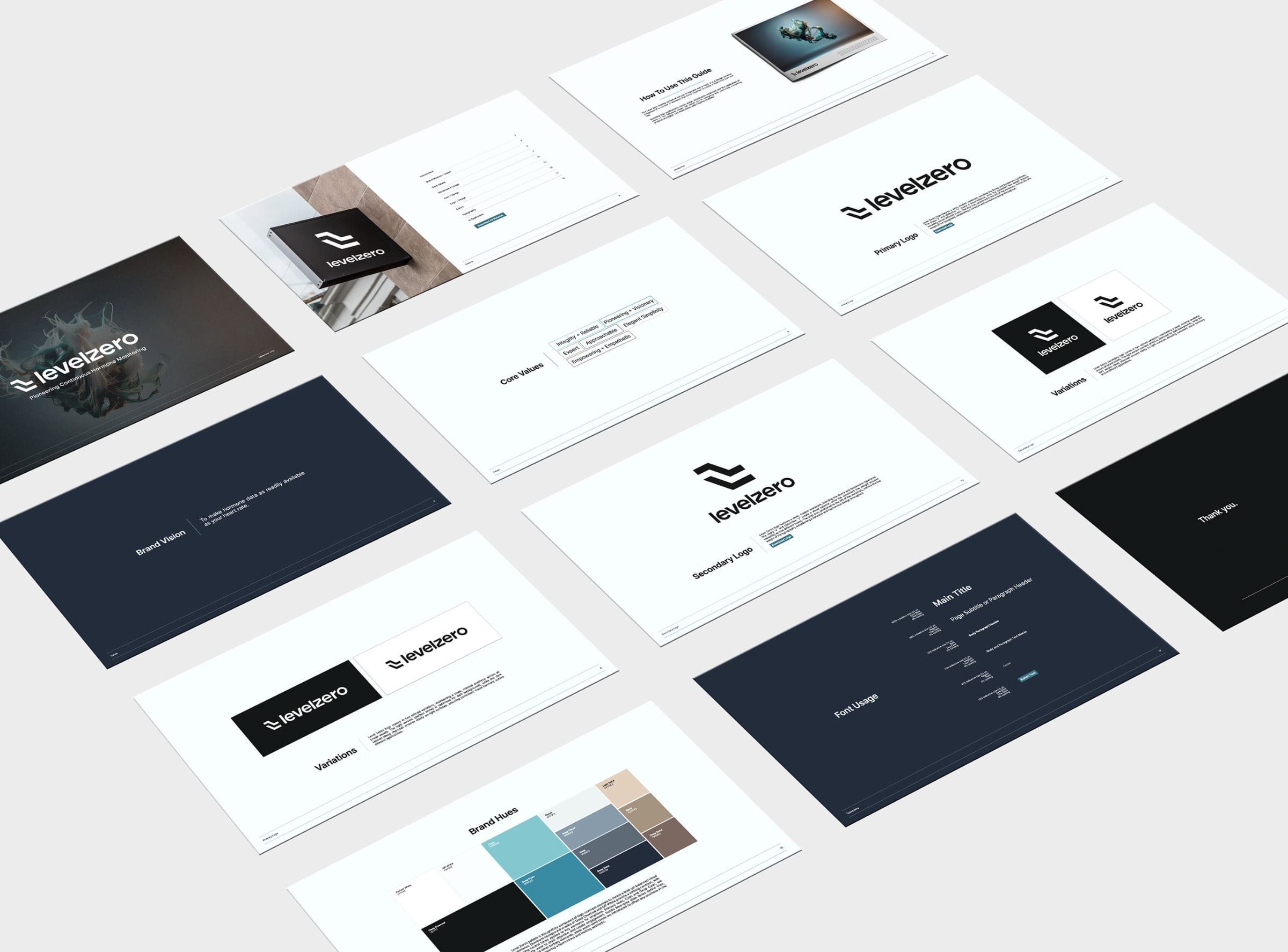 Pages of the Level Zero brand guidelines laid out in a grid