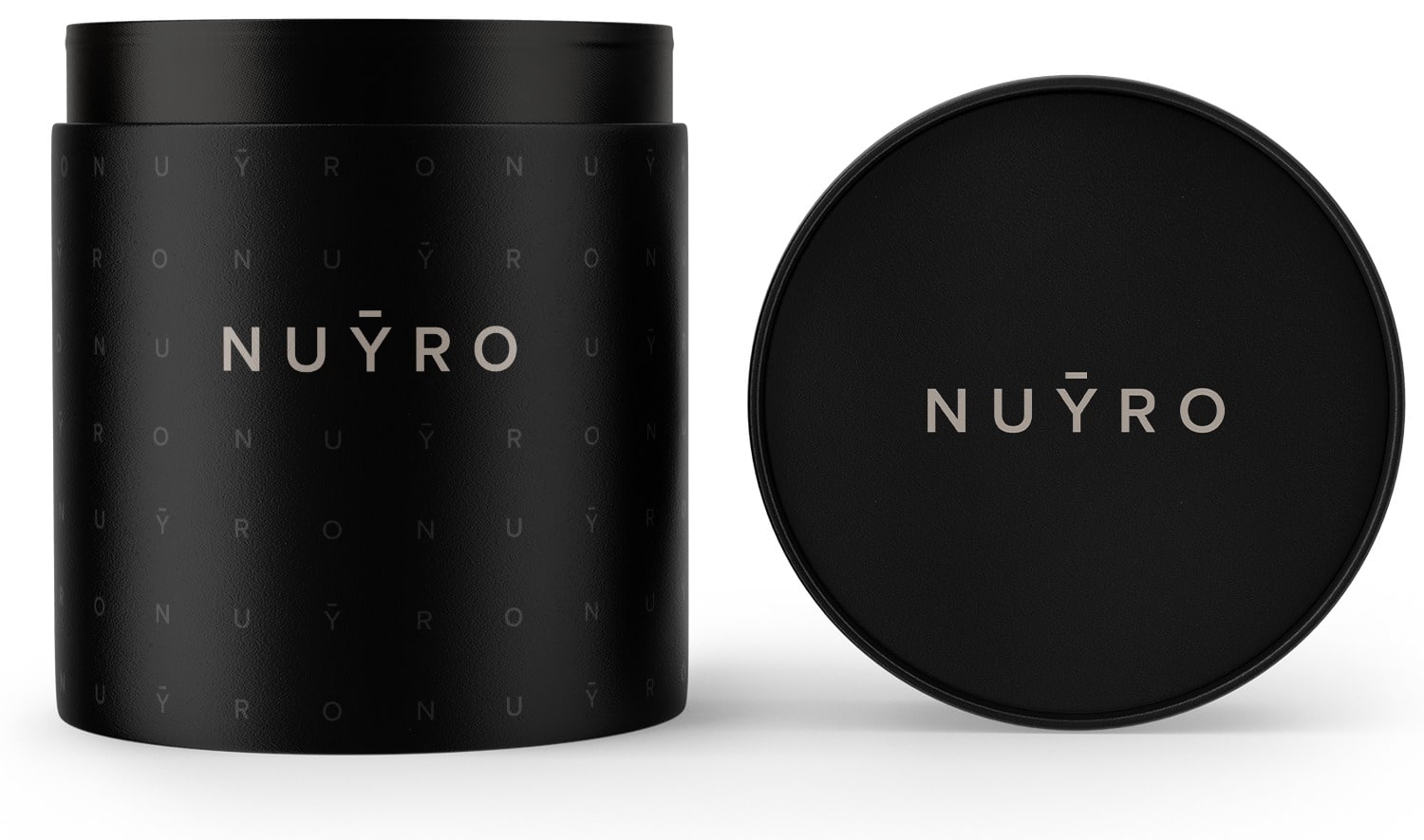 A black NUYRO supplement jar and its lid